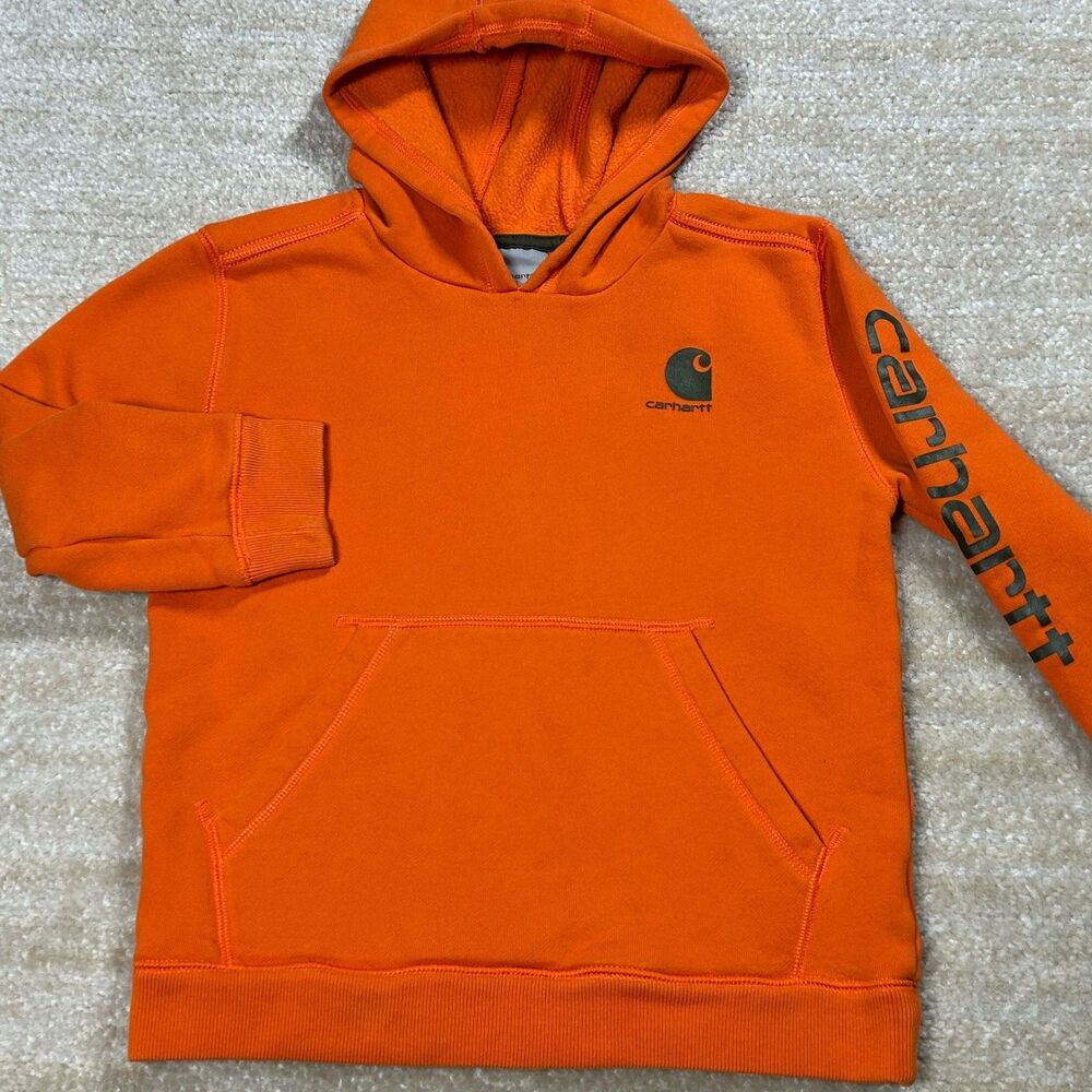 Carhartt Hoodie Youth 7 Orange Pullover Fleece Logo Sleeve Durable Workwear